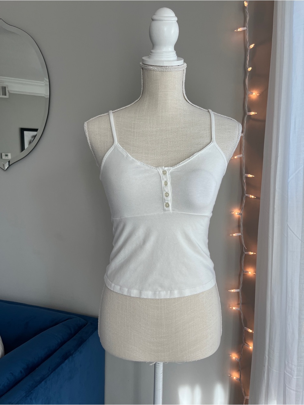 Brandy Melville White Cropped Henley Tank | Button Detail | 100% Cotton OS